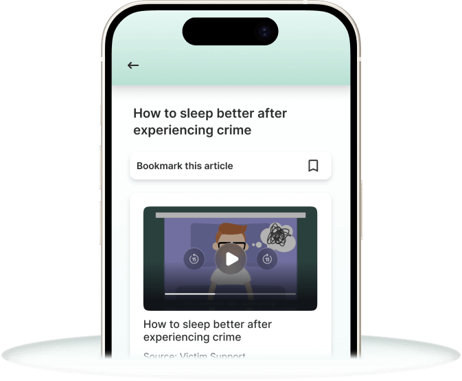 My Support Space app screen displaying an article titled 'How to sleep better after experiencing crime', sourced from Victim Support, with an embedded video showing an illustrated character with tangled thoughts.