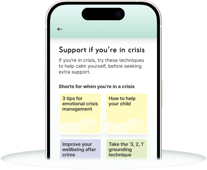 My Support Space app screen titled 'Support if you're in crisis', showing four short guide cards: 3 tips for emotional crisis management, How to help your child, Improve your wellbeing after crime, and Take the '3, 2, 1' grounding technique.