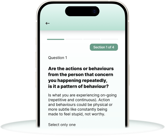 My Support Space app screen showing Section 1 of 4 of an assessment, with Question 1 asking whether concerning behaviours from another person are happening repeatedly as a pattern of behaviour.